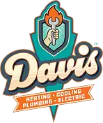 Logo for Davis featuring a hand holding a wrench with a flame, and text: “Heating, Cooling, Plumbing, Electric.”.