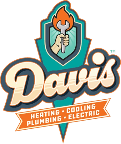 Logo for Davis featuring a hand holding a wrench with a flame, and text reading “Heating • Cooling • Plumbing • Electric” below in an orange banner.
