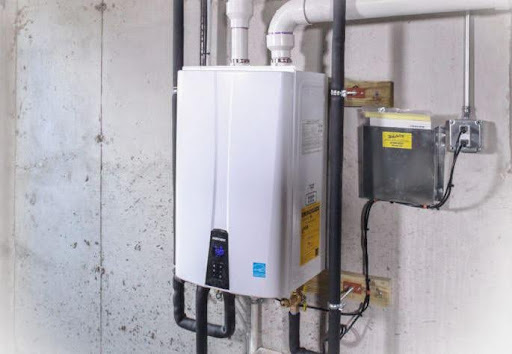Tankless water heater installed outside of Roanoke, VA house.