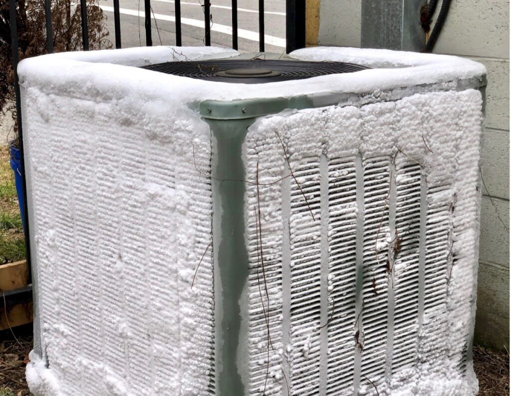 A frozen outdoor AC unit.