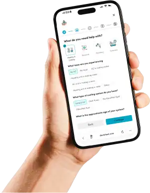 A hand holds a smartphone displaying a service request form, asking questions about heating or cooling system issues.