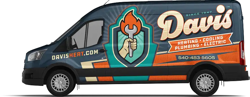 A blue Davis service van with a wrench and flame logo; text reads “Heating, Cooling, Plumbing, Electric” and displays company website and phone number.