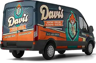 A van with “Davis” branding and services listed as heating, cooling, plumbing, and electric, featuring contact info and a logo with a wrench and flame.