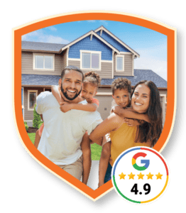 A smiling family of four stands in front of their well-kept house, with two children on the adults’ backs. Thanks to their maintenance plan, their home shines with pride—reflected in a Google rating badge showing 4.9 stars.