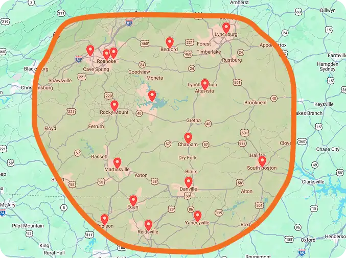 Map showing a highlighted region in southern Virginia and northern North Carolina with multiple red location pins marking specific towns and cities within the outlined area.