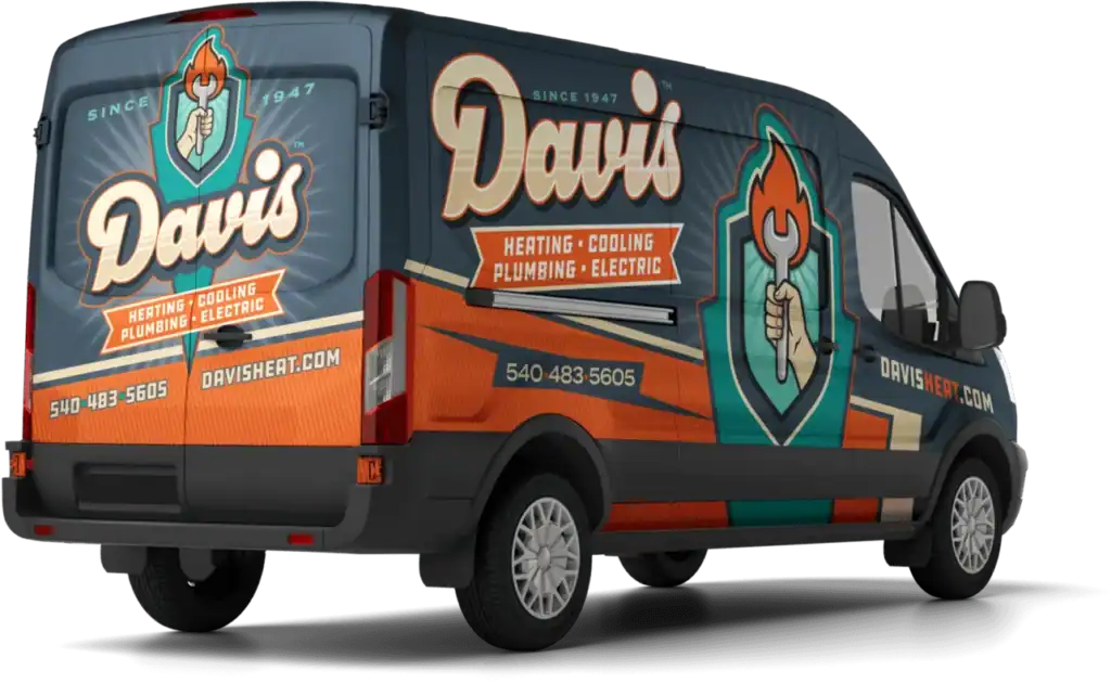 A van with Davis branding and a torch logo advertises heating, cooling, plumbing, and electric services; contact information and website are displayed on the sides and back.