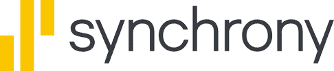 Synchrony logo with three vertical yellow bars on the left and the word “synchrony” in black lowercase letters to the right, representing trusted financing options. White background.